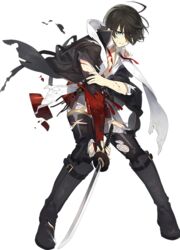  1boy armor black_hair blood blue_eyes boots coat full_body habaki holding holding_sword holding_weapon horikawa_kunihiro horikawa_kunihiro_(kiwame) injury japanese_armor knee_boots looking_at_viewer male_focus official_art open_clothes open_shirt pants same-hada scarf shiramine_(srmn09) shirt solo standing sword torn_clothes torn_coat torn_pants torn_scarf touken_ranbu transparent_background tsuba_(guard) tsuka-ito tsuka_(handle) wakizashi weapon 