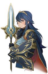  alternate_costume armor blue_eyes blue_hair commentary female fire_emblem fire_emblem_heroes holding holding_weapon lucina_(brave_princess)_(fire_emblem) lucina_(fire_emblem) plaemon polearm smile solo spear weapon 