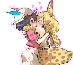  2girls animal_ears black_hair blonde_hair blush closed_eyes colored_eyelashes commentary_request french_kiss hat high-waist_skirt hug kaban_(kemono_friends) kemono_friends kissing multiple_girls seki_(red_shine) serval_(kemono_friends) serval_print shirt short_hair skirt t-shirt tail yuri 