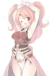  ;o armor armpits arms_up bad_id bad_pixiv_id blush breastplate breasts cape circlet cowboy_shot female fire_emblem fire_emblem_echoes:_shadows_of_valentia gloves long_hair mae_(fire_emblem) one_eye_closed open_mouth pink_hair red_eyes simple_background smile solo standing stretching tears teu_(navy) tiara twintails white_background yawning 