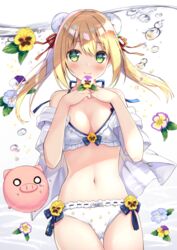  air_bubble animal anzu_(sumisaki_yuzuna) bad_id bad_pixiv_id bare_shoulders bikini blonde_hair blue_flower blue_pansy breasts bubble bun_cover cleavage closed_mouth commentary_request cowboy_shot double_bun female flower green_eyes hair_between_eyes hair_bun hair_ribbon hands_up holding holding_flower jacket navel off_shoulder original pansy pig purple_flower red_ribbon ribbon short_sleeves small_breasts smile solo sumisaki_yuzuna swimsuit twintails water_drop white_bikini white_flower white_jacket yellow_flower yellow_pansy 