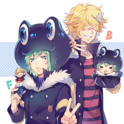  animal_hat belphegor_(reborn) blonde_hair commentary_request ekita_kuro fran_(reborn) green_eyes green_hair hair_over_eyes hat jewelry katekyo_hitman_reborn! knife looking_at_viewer male_focus multiple_boys ring shirt smile striped_clothes striped_shirt tiara varia 