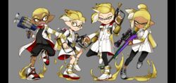  3boys black_pants black_shirt black_shorts blonde_hair boots clash_blaster_(splatoon) coat commentary_request cross-laced_footwear dark-skinned_female dark-skinned_male dark_skin earrings emperor_(splatoon) fangs female grey_footwear half-closed_eyes holding holding_weapon ink_tank_(splatoon) inkling inkling_boy inkling_girl inkling_player_character jacket jewelry leg_up leggings long_sleeves looking_at_another looking_at_viewer multiple_boys n-pacer_(splatoon) open_clothes open_coat open_mouth paint_splatter pants pillarboxed pointy_ears prince_(splatoon) scope shirt shoes short_hair shorts simple_background smile smirk sneakers splat_charger_(splatoon) splat_dualies_(splatoon) splatoon_(manga) splatoon_(series) squidkid_jr. standing standing_on_one_leg uniform v-shaped_eyebrows weapon white_coat white_footwear yellow_jacket yeneny 