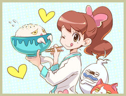  blue_lips border bowl brown_hair chopsticks commentary_request feline female heart high_ponytail jibanyan jjjjjj kodama_fumika licking_lips long_hair notched_ear one_eye_closed rice_bowl smile tongue tongue_out urayameshi whisper_(youkai_watch) youkai_(youkai_watch) youkai_watch 