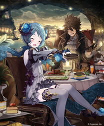  1boy :d ascot blue_flower blue_hair blue_rose blue_scarf blush bread brown_eyes brown_gloves brown_hair cake champagne_flute closed_eyes commentary_request cup detached_sleeves dress drinking_glass ezusuke female flower food gloves grey_dress grey_legwear hair_between_eyes hair_flower hair_ornament highres open_mouth outstretched_arms photoshop_(medium) pleated_dress rose scarf shingeki_no_bahamut short_dress short_hair sitting sleeveless sleeveless_dress smile spiked_hair sunset thighhighs white_ascot zettai_ryouiki 