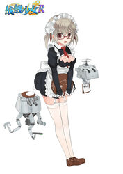  apron between_breasts bow breasts chinese_commentary cleavage cleavage_cutout clipboard clothing_cutout commentary_request copyright_name covering_privates female frills full_body garter_straps glasses grey_hair hair_ribbon hibiki_(warship_girls_r) highres looking_at_viewer maid_headdress medium_breasts necktie necktie_between_breasts open_mouth plate red-framed_eyewear red_eyes red_ribbon ribbon semi-rimless_eyewear short_hair short_twintails solo stmast thighhighs tray twintails under-rim_eyewear v_arms verniy_(warship_girls_r) warship_girls_r white_thighhighs 