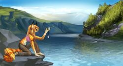  anthro cloud creek crouching day detailed_background felid feline female forest fur hair hill hybrid jewelry leopard_spots leopardus long_hair long_tail mammal margay mountain pendant plant reflection river side_view solo spots tail theowlette tree water waterfall yellow_body yellow_fur 