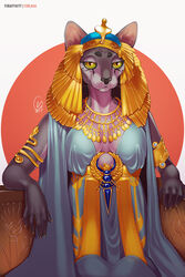  2017 2:3 5_fingers anthro arm_support armlet big_breasts biped black_body black_nose black_skin blue_clothing breasts chair circlet claws cleavage clothed clothing digital_media_(artwork) digital_painting_(artwork) domestic_cat dress egyptian egyptian_clothing egyptian_headdress eye_markings eye_of_horus eyelashes felid feline felis female fingers front_view fully_clothed furlana furniture gem gold_(metal) gold_clothing gold_jewelry green_sclera grey_body grey_skin hairless hairless_cat half-closed_eyes half-length_portrait headdress headgear headwear hi_res humanoid_hands jewelry kalasiris leaning_on_elbow mammal markings multicolored_body multicolored_clothing multicolored_sclera multicolored_skin narrowed_eyes necklace nemes_(clothing) nipple_outline pearl_(gem) pectoral_(jewelry) portrait pupils queen red_background royalty sapphire_(gem) shawl signature simple_background sitting slit_pupils solo sphynx_(cat) throne two_tone_body two_tone_clothing two_tone_sclera two_tone_skin uraeus whiskers white_background wrinkles yellow_claws yellow_sclera 