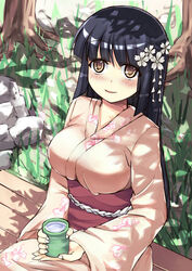  bench black_hair blush breasts chinese_commentary commentary cup day female floral_print flower fusou_(warship_girls_r) grass hair_flower hair_ornament highres hime_cut holding holding_cup japanese_clothes kimono large_breasts long_hair looking_at_viewer outdoors photoshop_(medium) pink_kimono rock sitting smile solo srwsrx_(gp03dsrx) tea teacup tree very_long_hair warship_girls_r yellow_eyes 