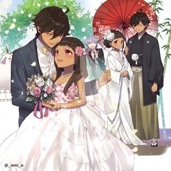  2boys 2girls blue_sky blush bouquet bridal_veil brown_hair commentary couple dark-skinned_female dark-skinned_male dark_skin day dress fate/grand_order fate/prototype fate/prototype:_fragments_of_blue_and_silver fate_(series) flower hair_flower hair_ornament holding holding_bouquet holding_umbrella husband_and_wife japanese_clothes jewelry kimono long_hair long_sleeves looking_at_another medjed_(fate) moses_(fate) multiple_boys multiple_girls necklace nefertari_(fate) nitocris_(fate) nitocris_(swimsuit_assassin)_(fate) omi_(tyx77pb_r2) open_mouth outdoors ozymandias_(fate) pink_eyes pink_flower pink_rose red_umbrella rose shared_umbrella shiromuku sky smile straight uchikake umbrella unmoving_pattern veil wedding_dress white_flower white_kimono white_rose wide_sleeves yellow_eyes 