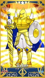  1boy armor armored_boots bird bird_boy black_eyes boots card_(medium) card_parody chick commentary_request fate/grand_order fate_(series) food full_body gold_armor highres hiyoko-chan holding holding_weapon male_focus mascot nissin nissin_chicken_ramen noodles pants parody ramen redrop serious servant_card_(fate/grand_order) shield signature solo sword weapon white_pants 