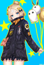  abigail_williams_(fate) abigail_williams_(traveling_outfit)_(fate) alternate_hairstyle bad_id bad_pixiv_id balloon bandaid bandaid_on_face bandaid_on_forehead belt black_bow black_jacket blonde_hair blue_background blue_eyes blush bow commentary_request fate/grand_order fate_(series) female forehead fou_(fate) hair_bun hairbow high_collar highres holding holding_stuffed_toy jacket legs loafers long_hair looking_at_viewer looking_up medjed_(fate) nitocris_(fate) nitocris_(swimsuit_assassin)_(fate) official_alternate_costume open_mouth orange_bow parted_bangs polka_dot polka_dot_bow shoes simple_background single_hair_bun sleeves_past_fingers sleeves_past_wrists solo star_(symbol) stuffed_animal stuffed_toy teddy_bear thighs yukihama 