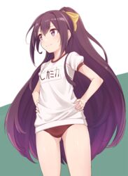  &gt;:) alternate_costume ass_visible_through_thighs blush buruma check_commentary closed_mouth commentary commentary_request dutch_angle eyebrows_visible_through_hair gym_uniform hair_ribbon hands_on_hips kamikaze_(kantai_collection) kantai_collection konnyaku_(kk-monmon) legs_apart long_hair looking_away looking_to_the_side name_tag ponytail puffy_short_sleeves puffy_sleeves purple_eyes purple_hair ribbon shiny shiny_skin shirt short_sleeves sidelocks smile solo standing thighs translated two-tone_background v-shaped_eyebrows very_long_hair white_shirt yellow_ribbon 