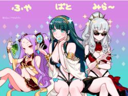  3girls aqua_eyes aqua_hair arm_strap bikini bikini_skirt black_bikini black_one-piece_swimsuit blue_nails blunt_bangs blush bracelet breasts bridal_gauntlets carmilla_(fate) carmilla_(summertime_mistress)_(fate) cleavage cleopatra_(fate) cleopatra_(seaside_luxury)_(fate) commentary crossed_legs earrings fate/grand_order fate_(series) fingernails food gold_trim gradient_background grey_hair hairband high_ponytail holding holding_food jewelry large_breasts long_fingernails long_hair looking_at_viewer medium_breasts mirror multiple_girls nail_polish navel one-piece_swimsuit purple_hair red_bikini sara_(kurome1127) sitting small_breasts smile sparkle sunglasses swimsuit symbol-only_commentary tiara twintails unmoving_pattern wavy_hair wu_zetian_(fate) wu_zetian_(seaside_luxury)_(fate) yellow_eyes yellow_hairband 