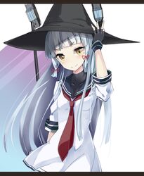  arm_behind_back black_gloves black_hat blunt_bangs blush breasts commentary_request dress female fingerless_gloves gloves gradient_eyes grey_hair hair_ribbon hat head_tilt headgear kantai_collection letterboxed long_hair long_sleeves looking_at_viewer multicolored_eyes murakumo_(kancolle) necktie red_necktie ribbon sailor_dress school_uniform serafuku short_eyebrows sidelocks small_breasts smile solo tenrai tress_ribbon witch_hat yellow_eyes 