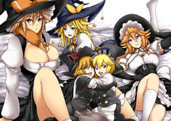  5girls akane_(cookie) black_eyes black_gloves black_hat blonde_hair blue_eyes blush breasts brown_eyes cleavage closed_mouth commentary_request cookie_(touhou) elbow_gloves freckles gloves hat hug huge_breasts kirisame_marisa kneehighs kohaku_(cookie) large_breasts looking_at_viewer lying meguru_(cookie) multiple_girls on_back open_mouth parted_lips ruka_(cookie) sitting socks thick_eyebrows tobisawa touhou white_legwear witch_hat yuuhi_(cookie) 