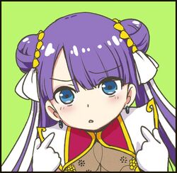  aoba_(smartbeat) blue_eyes blunt_bangs blush commentary_request double_bun earrings fate/grand_order fate_(series) female gloves green_background hair_bun hair_ribbon jewelry long_hair looking_at_viewer martha_(fate) martha_(traveling_outfit)_(fate) parted_lips purple_hair ribbon white_gloves white_ribbon 