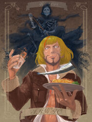  91_days alcohol antique_phone blonde_hair character_name commentary_request copyright_name death_(entity) facial_hair fango food gun holding holding_plate jacket leather leather_jacket male_focus open_clothes open_jacket phone plate rotary_phone sankyo_(821-scoville) scythe smirk weapon 