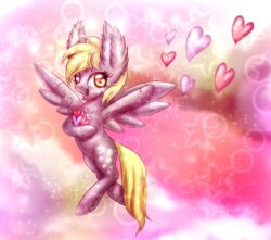  2015 9de-light6 abstract_background amber_eyes blonde_hair cutie_mark derpy_hooves equid equine feathered_wings feathers female feral flying friendship_is_magic fur glowing grey_body grey_feathers grey_fur hair hasbro heart_symbol hi_res looking_at_viewer mammal my_little_pony mythological_creature mythological_equine mythology pegasus smile solo star wings 