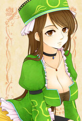  breasts brown_eyes brown_hair choker claudia_(saga) cleavage commentary_request eyelashes female hanging_breasts hat jewelry large_breasts long_hair looking_at_viewer necklace photoshop_(medium) romancing_saga_minstrel_song saga sm156 solo 