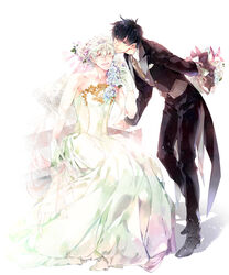  2boys black_hair blue_eyes bouquet bridal_veil bride commentary_request couple crossdressing dress flower formal gintama gloves highres hijikata_toushirou husband_and_husband male_focus multiple_boys parody photoshop_(medium) red_eyes sakata_gintoki short_hair suit veil wedding wedding_dress white_hair wingtemple yaoi 