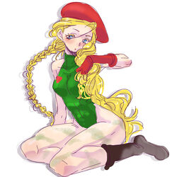  beret blonde_hair blue_eyes cammy_white female hat leotard long_hair solo street_fighter torimeiro very_long_hair 