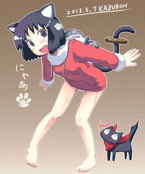  2013 animal_ears bad_id bad_pixiv_id barefoot bent_over black_eyes black_hair blush cat_ears cat_tail commentary_request doughnut feline female food food_on_tail highres hood hoodie hyadain_no_joujou_yuujou kazuboh legs nichijou no_pants outstretched_arms paw_print photoshop_(medium) sakamoto_(nichijou) scarf shinonome_nano short_hair signature spread_arms tail winding_key 