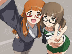  2girls :d brown_eyes brown_hair commentary_request cosplay costume_switch crossover formal futsuu_no_joshikousei_ga_locodol_yattemita girls_und_panzer glasses green_skirt long_hair mact multiple_girls name_connection nishifukai_saori nishifukai_saori_(cosplay) ooarai_school_uniform open_mouth pantyhose pencil_skirt pleated_skirt reaching reaching_towards_viewer school_uniform selfie serafuku short_hair skirt skirt_set skirt_suit smile suit takebe_saori takebe_saori_(cosplay) thighhighs v zettai_ryouiki 