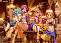  5girls :d :o alena alena_(dq4) anklet apron asymmetrical_clothes beard bikini_top blonde_hair blue_eyes blush boots bracelet breasts cape chair choker chunsoft circlet cleavage closed_eyes cup curly_hair dark_skin dragon_quest dragon_quest_iv dress enix faceless faceless_male facial_hair gloves green_hair hat heroine_(dq4) highres hug jewelry leg_garter legs_crossed leotard lipstick loincloth long_hair lots_of_jewelry makeup manya minea moriyama_daisuke moustache mug multiple_girls official_art open_mouth orange_hair pantyhose purple_eyes purple_hair sandals short_dress short_hair siblings single_thighhigh sisters sitting sleeping smile table thighhighs twins 