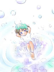  barefoot brown_hair bubble commentary_request female kazuto_izumi leaf leaf_on_head original purple_eyes short_hair solo 