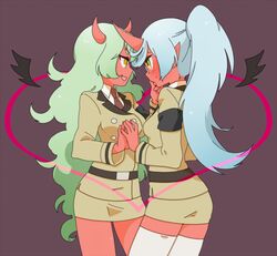  2girls blue_hair blush colored_skin commentary_request green_hair heart horns incest kneesocks_(psg) long_hair multiple_girls nogi_(noooog) panty_&amp;_stocking_with_garterbelt red_skin scanty_(psg) siblings simple_background sisters thighhighs wings yuri zettai_ryouiki 