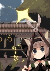  animal_ears black_hairband cat_ears commentary_request crescent female fuurin_(omaemona) gardening gardening_shears grey_eyes grey_hair hairband hakugyokurou hedge_trimmer house kemonomimi_mode konpaku_youmu myon_(phrase) portrait rock_garden shears short_hair solo sparkle touhou translated 