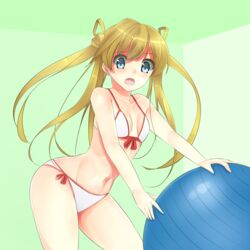  abukuma_(kancolle) bikini blue_eyes breasts commentary_request female front-tie_bikini_top front-tie_top green_background green_hair hair_bobbles hair_ornament kantai_collection long_hair navel side-tie_bikini_bottom small_breasts solo sonyntendo swimsuit white_bikini 