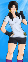  black_hair clenched_hand dragon_ball dragon_ball_z female fingerless_gloves gloves hair_ornament liberated-gus looking_at_viewer photoshop_(medium) shirt shorts t-shirt twintails videl 