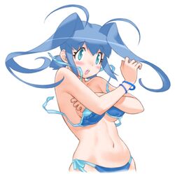  :o aoba_anoa aqua_eyes bikini blue_bikini blue_hair blue_theme blush breasts covering_breasts covering_privates crossed_arms female halterneck highres long_hair navel official_art otomedius side-tie_bikini_bottom simple_background solo string_bikini swimsuit twintails untied_bikini wardrobe_malfunction white_background yoshizaki_mine 