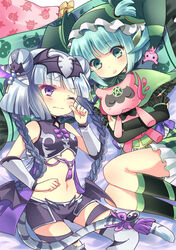  2girls :o aqua_eyes aqua_hair astaroth_(p&amp;d) bare_shoulders bat_wings blush bow braid cat_hair_ornament cauchemar_(p&amp;d) commentary_request creature demon_girl demon_horns double_bun frilled_shawl frills green_bow hair_bun hair_ornament haku_(p&amp;d) hat holding horns hoshino_(nia_hoshino) jester_cap long_hair multicolored_hair multiple_girls navel one_eye_closed open_mouth over-kneehighs photoshop_(medium) purple_bow purple_eyes purple_hair puzzle_&amp;_dragons shawl short_hair shorts striped tail tail_ornament thighhighs tiger_tail twin_braids two-tone_hair white_hair white_legwear wings yin_yang 