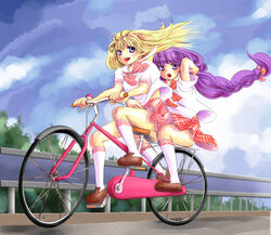  2girls :o alternate_costume bicycle blonde_hair blue_eyes bow braid cloud commentary_request day ele full_body hairband happy kneehighs long_hair lorien_(monster_maker) monster_maker multiple_girls multiple_riders outdoors panties pantyshot pillion purple_eyes purple_hair ribbon riding rufia_(monster_maker) school_uniform shoes skirt sky socks surprised underwear white_panties white_socks 