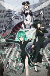  3girls antennae arthropod_girl aura black_hair breasts building city commentary_request covered_navel dress floating_rock fubuki_(one-punch_man) green_eyes green_hair grey_hair high_heels insect_wings jewelry lamppost lipstick looking_at_viewer makeup monster_girl mosquito_girl mosquito_musume multiple_girls navel necklace one-punch_man open_mouth orange_eyes photoshop_(medium) railing red_eyes short_hair siblings side_slit sisters small_breasts standing tatsumaki telekinesis utility_pole wings yara_kami_meiosei 