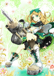  atelier_(series) atelier_shallie bad_id bad_pixiv_id black_bloomers blonde_hair bloomers bow capelet dia_(saotoko) expressionless female fighting_stance flower full_body gloves green_eyes green_skirt hairbow long_hair miruca_crotze pile_bunker shoes skirt solo underwear 