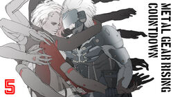  1boy bad_id bad_pixiv_id bodysuit copyright_name cyborg dark_skin extra_arms female hair_over_one_eye hug lips long_hair metal_gear_(series) metal_gear_rising:_revengeance mistral_(metal_gear_rising) pink_hair raiden_(metal_gear) shouko_(3m) visor white_hair 