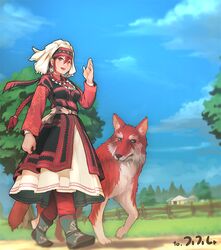  amira amira_(cosplay) cloud commentary_request cosplay day dress farm female kazakh_clothes long_hair original outdoors red_eyes red_hair segamark sky smile solo tree waving wolf 