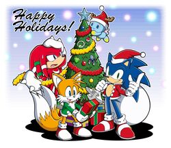  3boys absurdres box chao_(sonic) christmas christmas_ornaments christmas_tree commentary english_commentary furry furry_male gift gift_box gloves hat highres knuckles_the_echidna male_focus multiple_boys official_art sack santa_costume santa_hat shoes sneakers sonic_(series) sonic_the_hedgehog sweatdrop tails_(sonic) uekawa_yuji white_gloves 