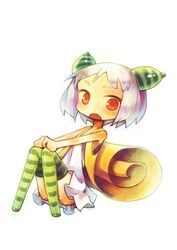  :o antennae chibi chuno_(poym) commentary_request dress female leucochloridium_paradoxum open_mouth orange_eyes original personification short_hair sitting snail snail_girl solo striped_clothes striped_thighhighs thighhighs white_hair 