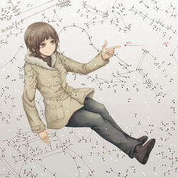  boots brown_eyes brown_hair car casual connect_the_dots female guitar highres instrument jacket motor_vehicle new_year original pants pointing shoes short_hair sitting smile solo surreal text vehicle yajirushi_(chanoma) 