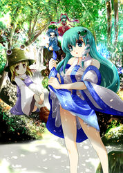  4girls blonde_hair blue_hair bow commentary_request detached_sleeves frog front_ponytail green_eyes green_hair hair_bobbles hair_ornament hairbow hat highres kagiyama_hina kawashiro_nitori kochiya_sanae long_hair moriya_suwako multiple_girls photoshop_(medium) short_hair snake touhou two_side_up usuusu yellow_eyes 