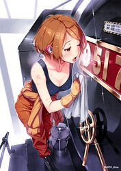  black_shirt blush breasts breath brown_eyes brown_gloves brown_hair cleaning cleavage collarbone commentary_request female gloves medium_breasts one_eye_closed photoshop_(medium) rail_wars! sasshou_mari shirt short_hair solo train twitter_username vania600 