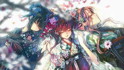  3girls anime_screenshot black_hair closed_eyes end_card flower hair_flower hair_ornament holding_hands interlocked_fingers japanese_clothes kimono multiple_girls obi photoshop_(medium) pink_hair red_hair sasami-san@ganbaranai sash siblings sisters ukai_saki yagami_kagami yagami_tama yagami_tsurugi 