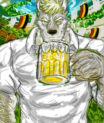  alcohol anthro banner beer beer_mug beverage blonde_hair blue_eyes bunting_(banner) canid canine canis clothed clothing container cup decoration flag flag_(object) front_view fur german_flag germany glass glass_container glass_mug grey_body grey_fur hair holding_alcohol holding_beer holding_beverage holding_container holding_cup holding_mug holding_object looking_at_viewer mammal mug muscular muscular_anthro one_eye_closed outside plant smile solo wink wolf yad 