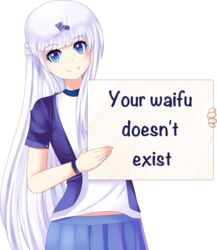  arrow_(projectile) blue_eyes blue_skirt bot-chan commentary_request english_text eyebrows female highres holding holding_sign long_hair looking_at_viewer magpii mai_waifu original shirt sign skirt smile solo standing t-shirt transparent_background truth white_hair wristband 