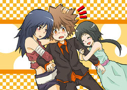  1boy 2girls bandages blue_hair blush brown_hair commentary_request formal green_hair hug katekyo_hitman_reborn! lal_mirch lowres multiple_girls nobuchi ponytail sawada_tsunayoshi uni_(reborn) 